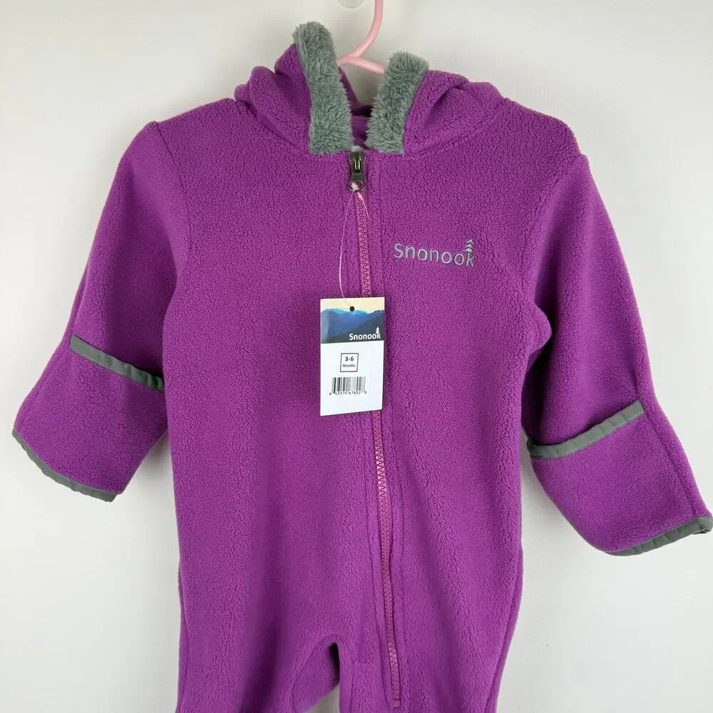 NWT Snonook Fleece Baby Fleece Hooded Ears Fold-Over Mitten Purple Bodysuit 3-6M